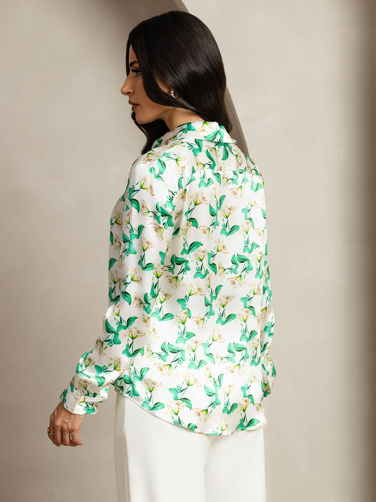 [Grøn Blomster] SilkSilky-DK Silke Lapel Collar Dameskjorte 002