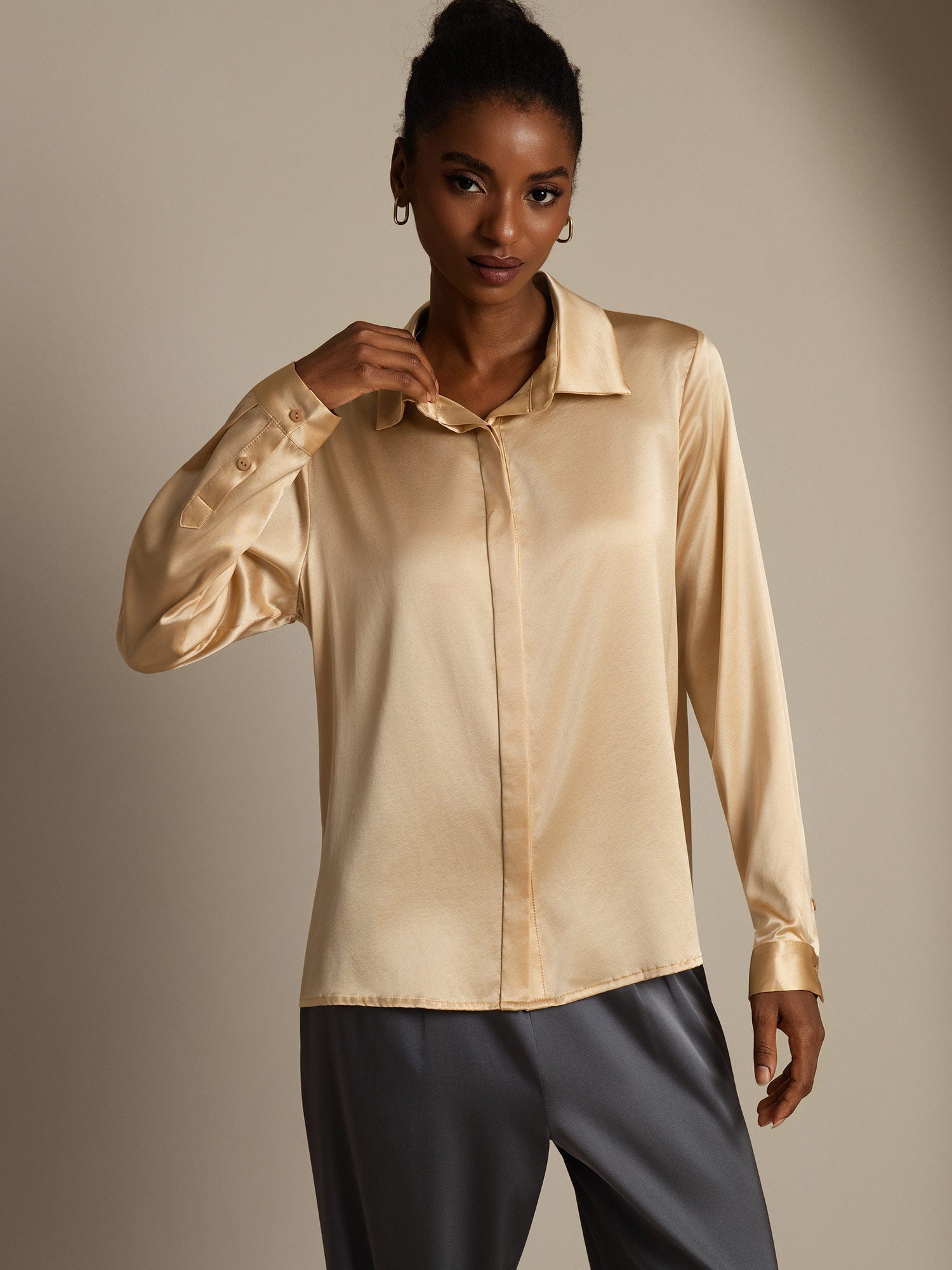 [Champagne] SilkSilky-DK 19Momme Silke Womens Shirt 004