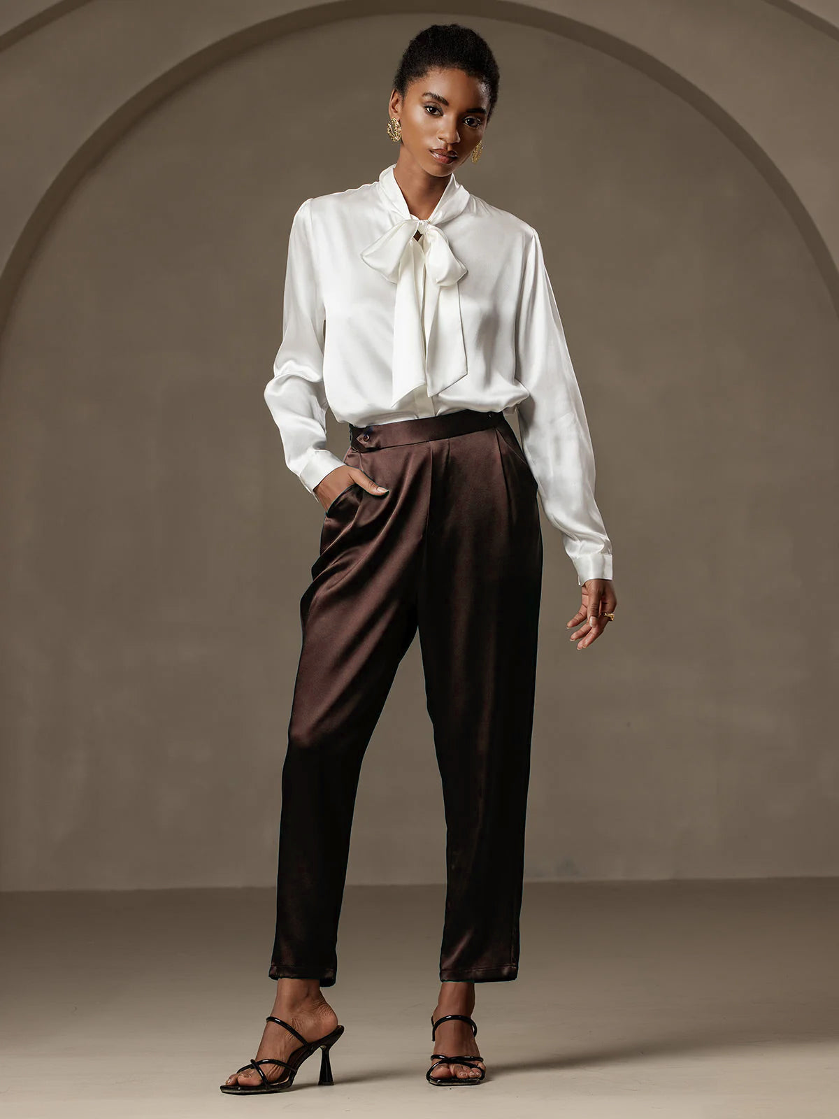 [Mørk Chokolade] SilkSilky-DK 19Momme Silke Womens Pants 001