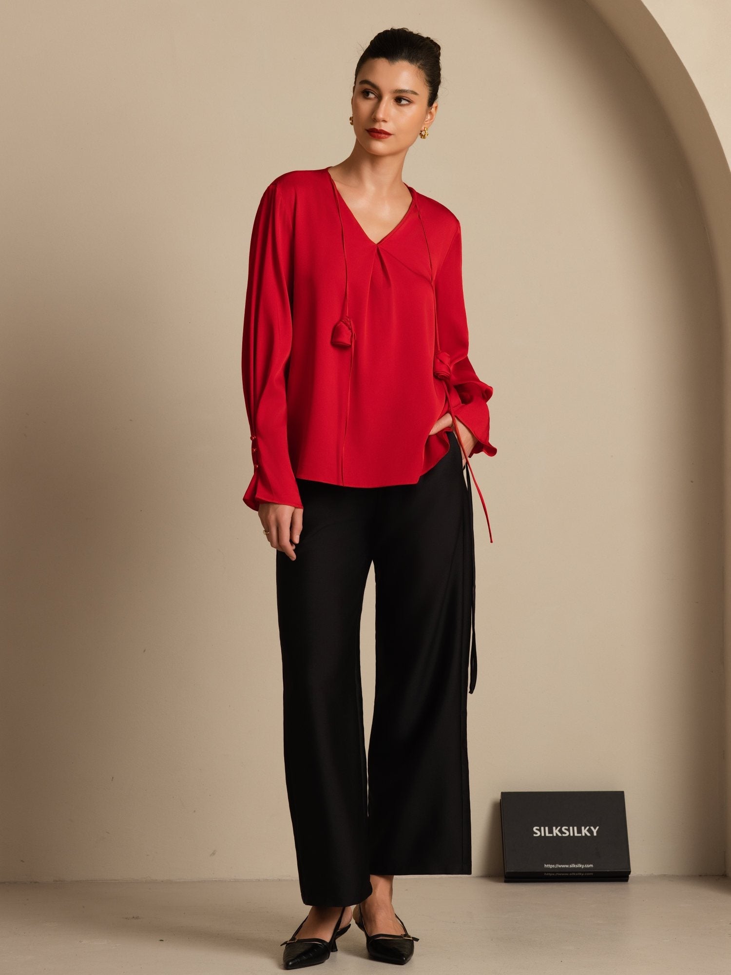 [Vin] SilkSilky-DK 19Momme Silke Langærmet V Hals Bluse 001