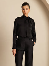 [Sort] SilkSilky-DK 19Momme Langærmet Bindekrage Bluse 005