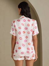[Hvid Læbestift] SilkSilky-DK Short Sleeve Notch Collar Dame Pyjamas 002
