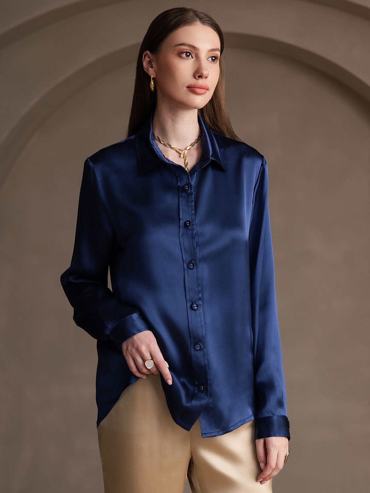 SilkSilky-DK 19Momme Silke Womens Shirt Mørkeblå 003