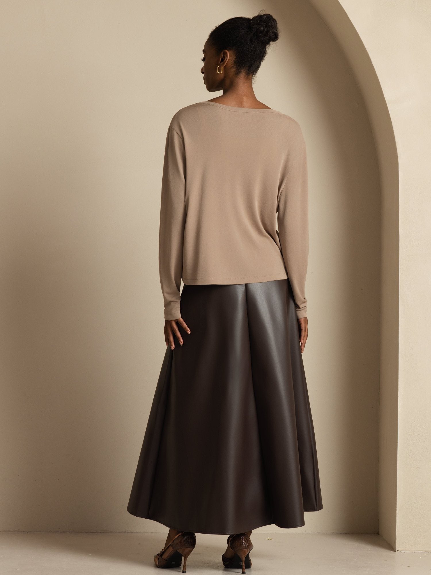 [Tan] SilkSilky-DK 19Momme Silke Langærmet V Hals Dame Cardigan 007