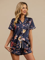 [Marine Blomster] SilkSilky-DK Kort ærme Notchkrage Dame Pyjamas 005