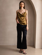 [Brun] SilkSilky-DK Spaghetti Strap Cowl Neck Camisole Top 005