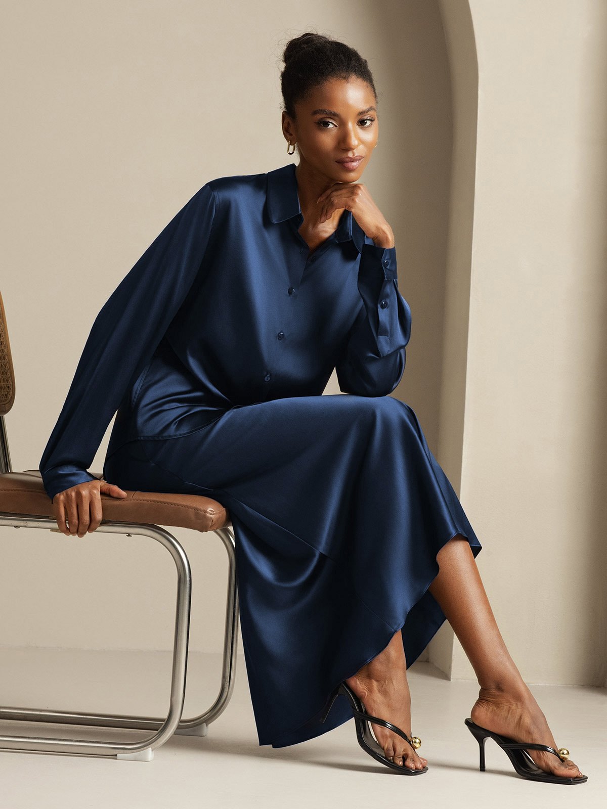 [Mørkeblå] SilkSilky-DK 19Momme Silke Womens Outfit Sets 008,