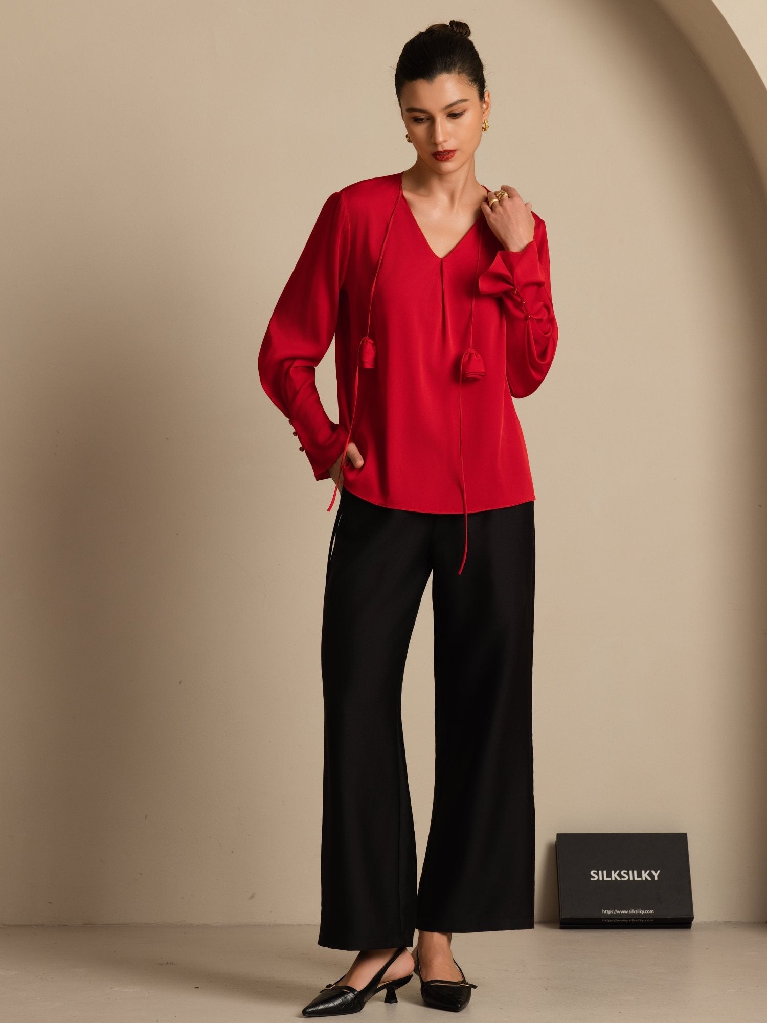 [Vin] SilkSilky-DK 19Momme Silke Langærmet V Hals Bluse 008