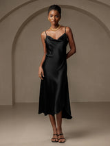 [Sort] SilkSilky-DK Spaghetti Rem Drapert halsutringning Kjole 001