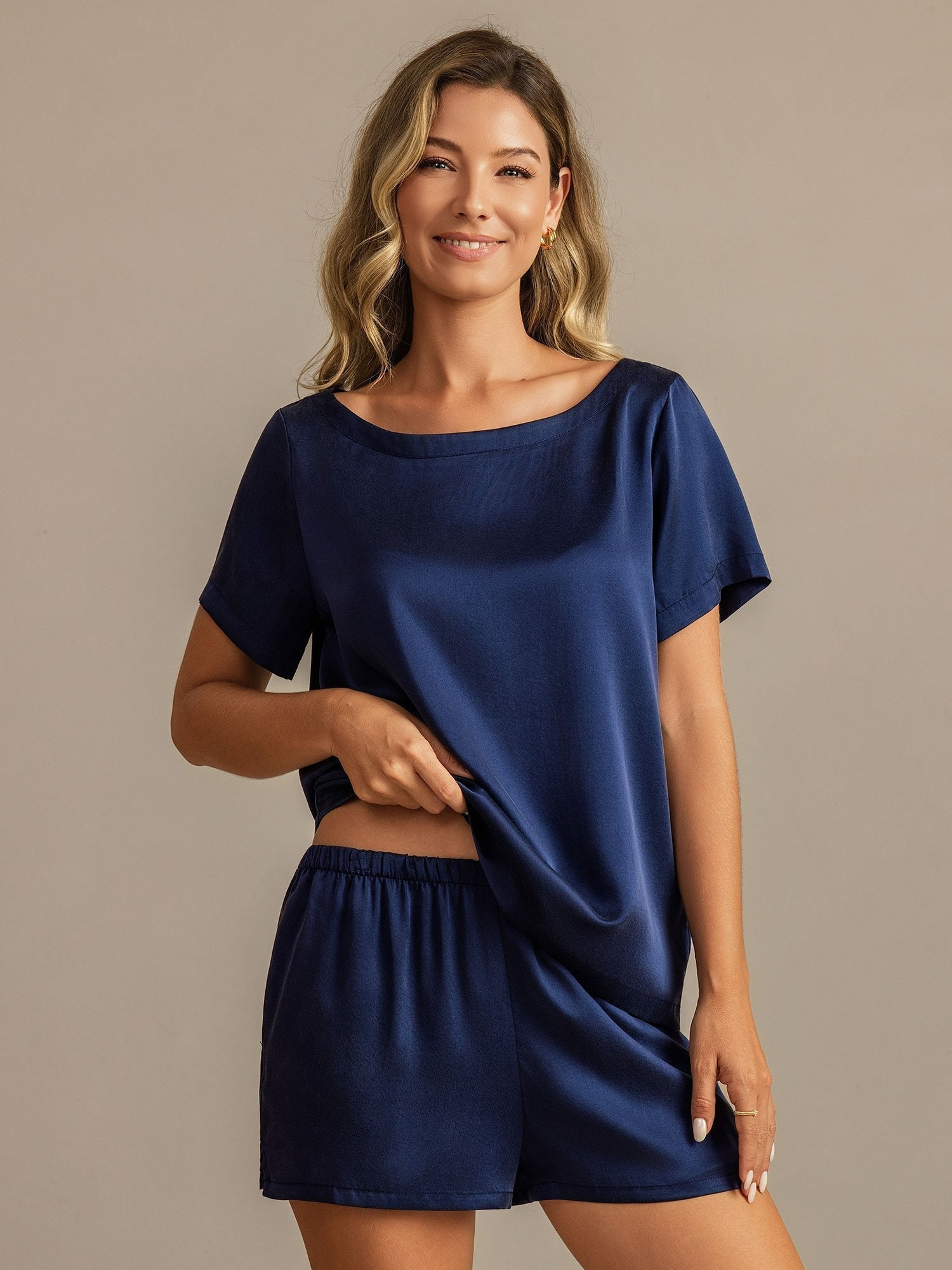 [Mørkeblå] SilkSilky-DK 19Momme Silke Womens Pajamas 005,