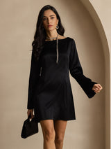 [Sort] SilkSilky-DK Long Sleeve Boat Neck Kjole 003