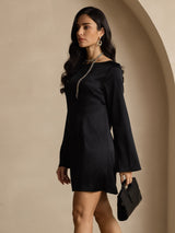 [Sort] SilkSilky-DK Long Sleeve Boat Neck Kjole 004