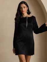 [Sort] SilkSilky-DK Long Sleeve Boat Neck Kjole 005
