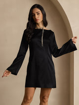 [Sort] SilkSilky-DK Long Sleeve Boat Neck Kjole 006