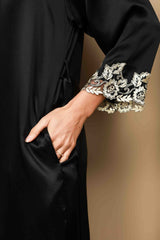 [Sort] SilkSilky-DK 3/4 Sleeve V Neck Natkjole & Morgenkåbe Sæt 009