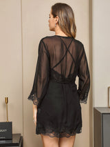 [Sort] SilkSilky-DK 3/4 Sleeve V Neck Natkjole & Morgenkåbe Sæt 003