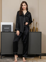 [Sort] SilkSilky-DK Langærmet Notchkrage Dame Pyjamas 001