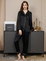 [Sort] SilkSilky-DK Langærmet Notchkrage Dame Pyjamas 005