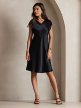 [Sort] SilkSilky-DK Cap Sleeve V Neck Kjole 006
