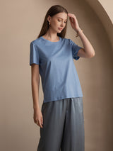 [Blå] SilkSilky-DK Kort ærme Rund Hals T-shirt til kvinder 005