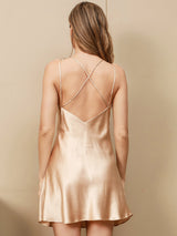 [Champagne] SilkSilky-DK Spaghetti Strap V Neck Natkjole 001