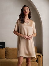[Champagne] SilkSilky-DK Half Sleeve V Neck Natkjole 004