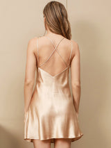 [Champagne] SilkSilky-DK Sleeveless V Neck Kjole 002