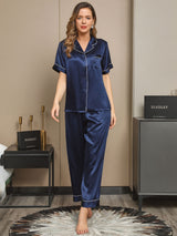 [Mørkeblå] SilkSilky-DK Short Sleeve Lapel Collar Dame Pyjamas 001