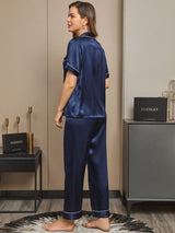 [Mørkeblå] SilkSilky-DK Short Sleeve Lapel Collar Dame Pyjamas 002