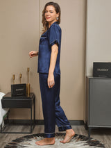 [Mørkeblå] SilkSilky-DK Short Sleeve Lapel Collar Dame Pyjamas 005