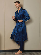 [Mørkeblå] SilkSilky-DK 19Momme Mens Robe 005