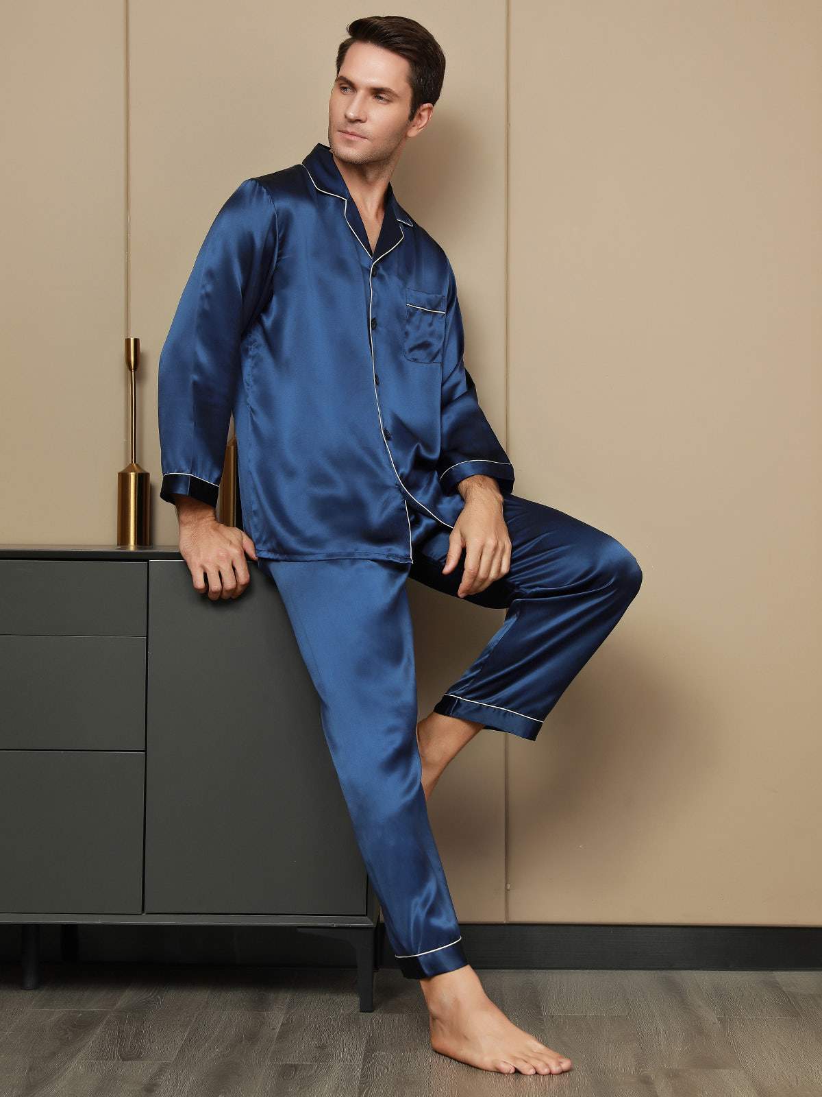 [Mørkeblå] SilkSilky-DK Long Sleeve Lapel Collar Pyjamas til Mænd 001