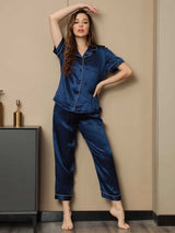 [Mørkeblå] SilkSilky-DK Kort ærme Notchkrage Dame Pyjamas 001