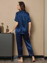 [Mørkeblå] SilkSilky-DK Kort ærme Notchkrage Dame Pyjamas 002