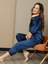 [Mørkeblå] SilkSilky-DK Kort ærme Notchkrage Dame Pyjamas 006