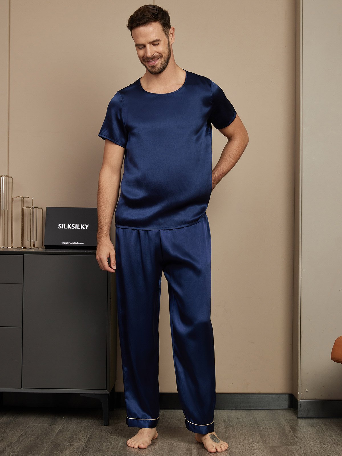 [Mørkeblå] SilkSilky-DK Short Sleeve Round Neck Pyjamas til Mænd 001