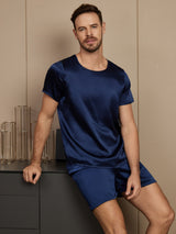 [Mørkeblå] SilkSilky-DK Short Sleeve Round Neck Pyjamas til Mænd 001