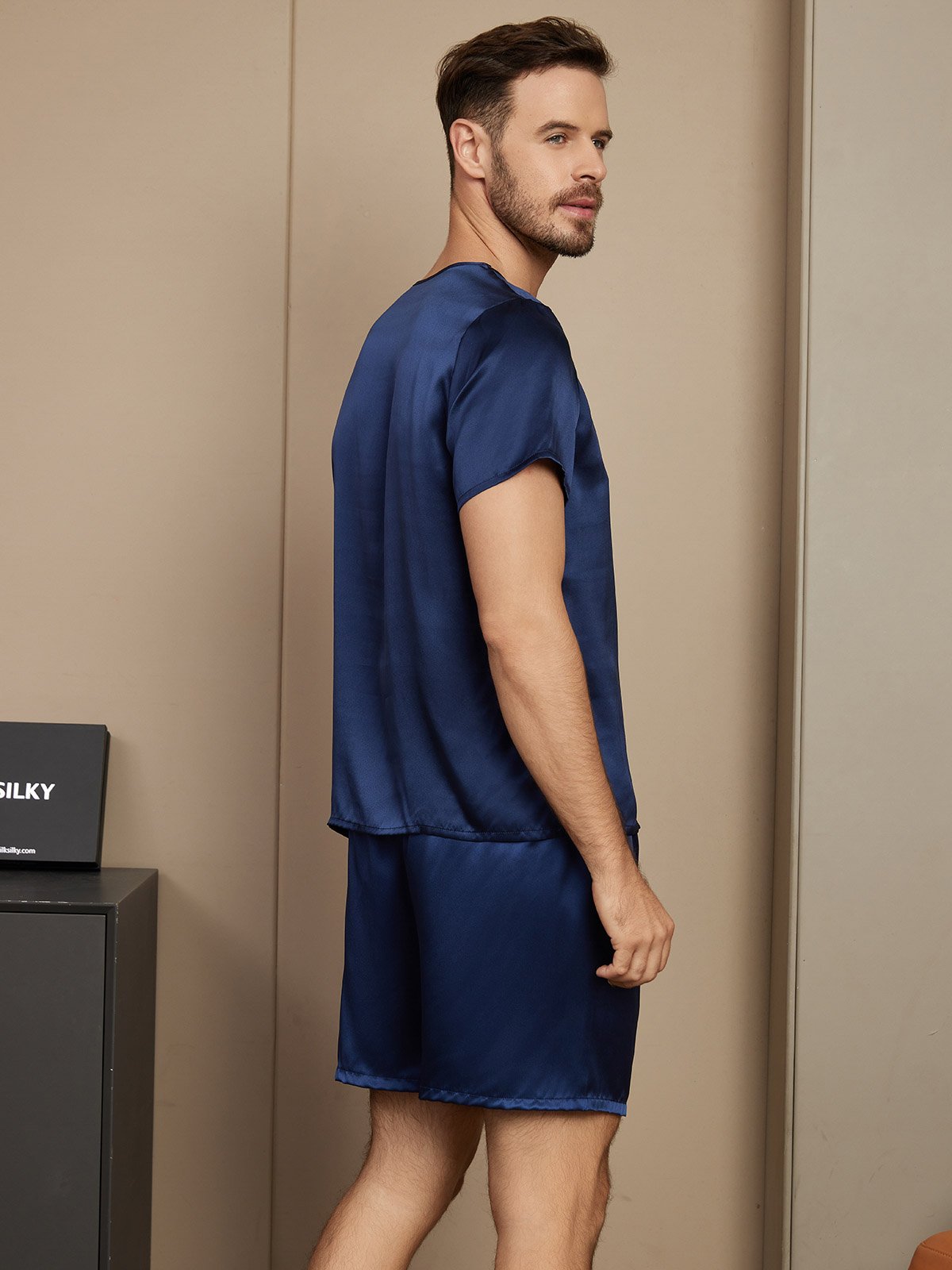 [Mørkeblå] SilkSilky-DK Short Sleeve Round Neck Pyjamas til Mænd 002