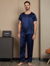 [Mørkeblå] SilkSilky-DK Short Sleeve Round Neck Pyjamas til Mænd 003
