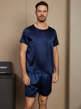 [Mørkeblå] SilkSilky-DK Short Sleeve Round Neck Pyjamas til Mænd 003