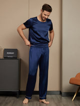[Mørkeblå] SilkSilky-DK Short Sleeve Round Neck Pyjamas til Mænd 004