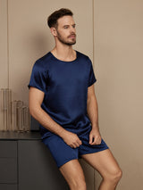 [Mørkeblå] SilkSilky-DK Short Sleeve Round Neck Pyjamas til Mænd 004