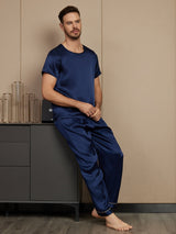 [Mørkeblå] SilkSilky-DK Short Sleeve Round Neck Pyjamas til Mænd 005