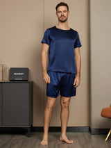 [Mørkeblå] SilkSilky-DK Short Sleeve Round Neck Pyjamas til Mænd 005