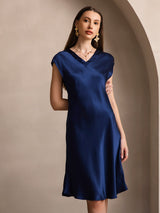 [Mørkeblå] SilkSilky-DK Cap Sleeve V Neck Kjole 001