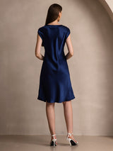 [Mørkeblå] SilkSilky-DK Cap Sleeve V Neck Kjole 002