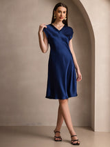 [Mørkeblå] SilkSilky-DK Cap Sleeve V Neck Kjole 003