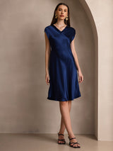 [Mørkeblå] SilkSilky-DK Cap Sleeve V Neck Kjole 004