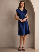 [Mørkeblå] SilkSilky-DK Cap Sleeve V Neck Kjole 005