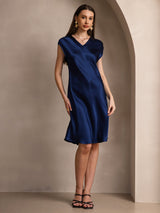 [Mørkeblå] SilkSilky-DK Cap Sleeve V Neck Kjole 006